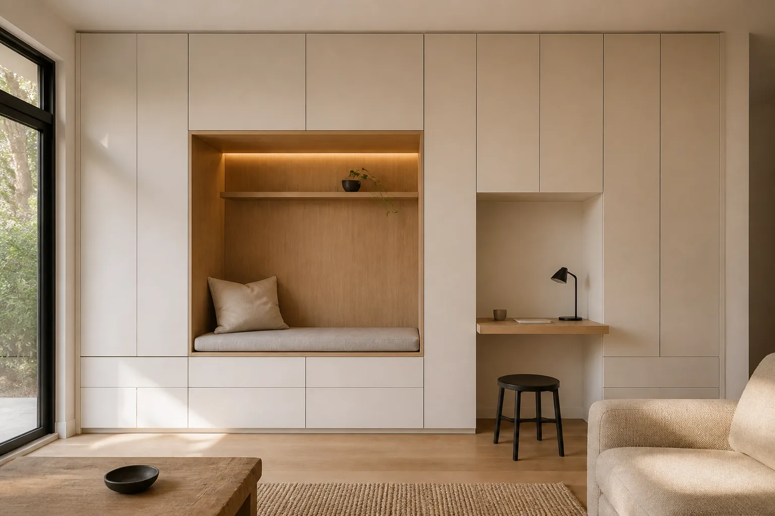 Full-height built-in storage with reading niche and compact desk