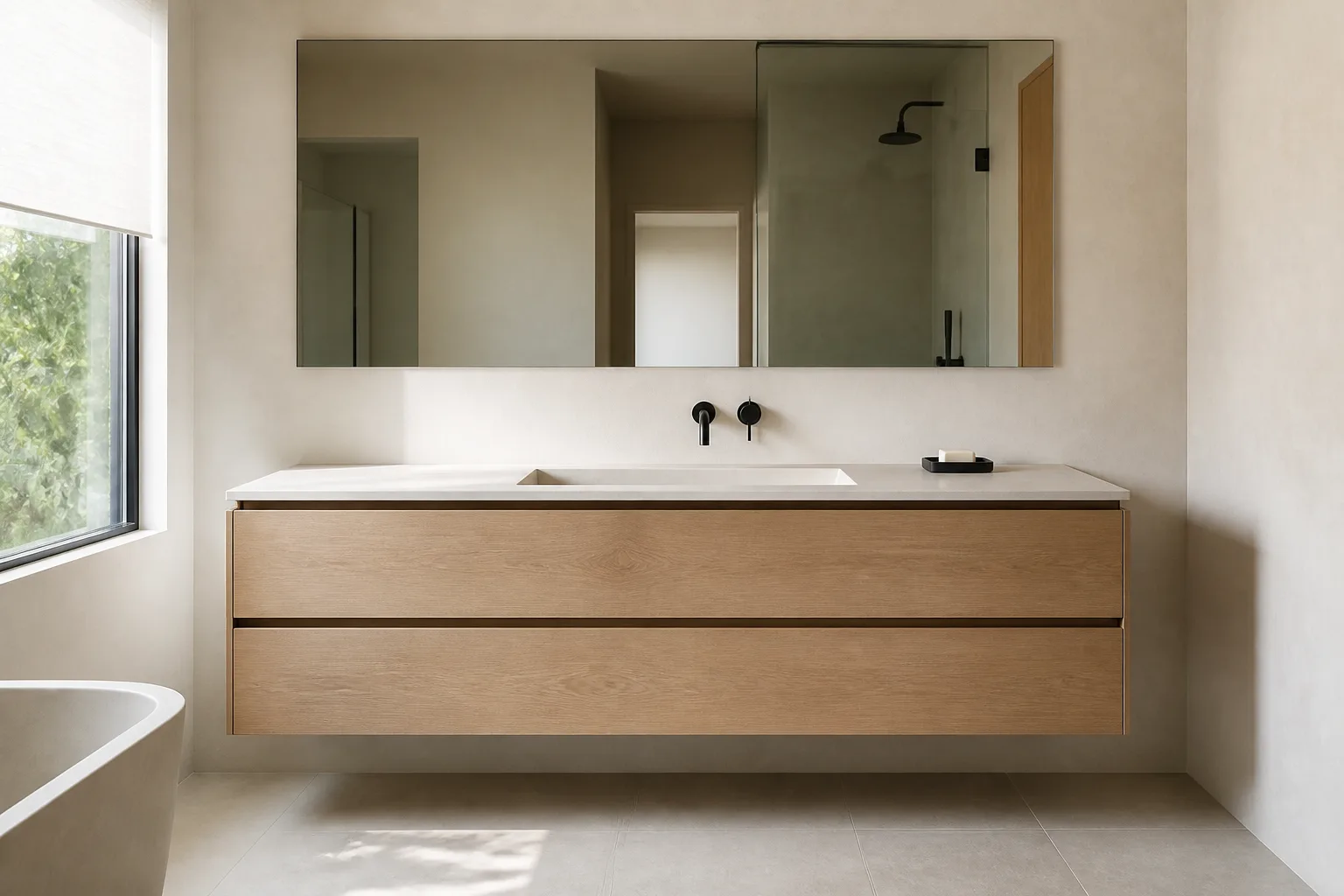 Floating white oak bathroom vanity with integrated stone basin